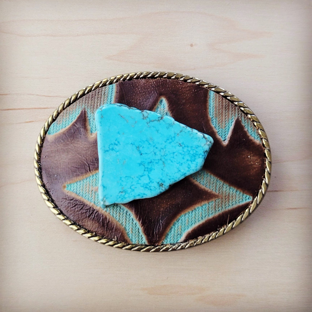 Rope Edge Turquoise Laredo Leather Belt Buckle w/ Blue Turquoise 908a