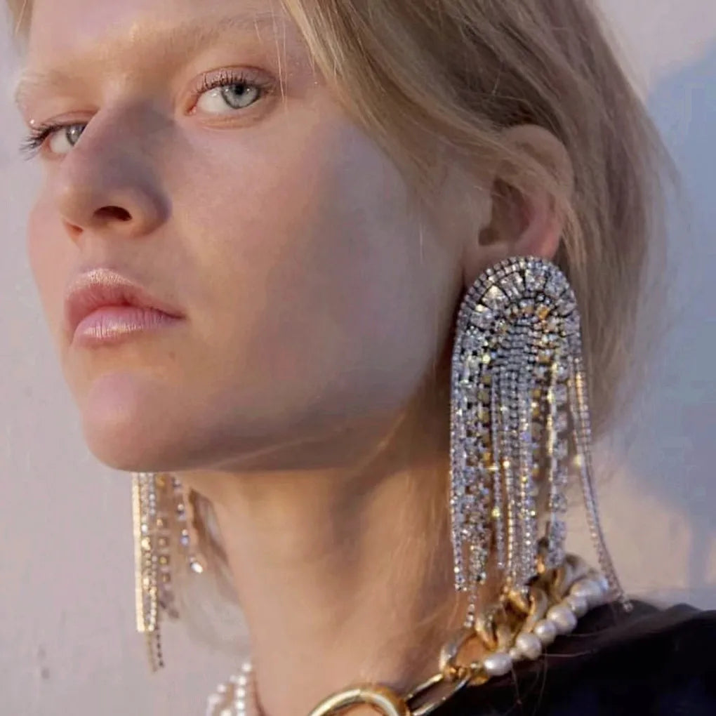 Rhinestone Tassel Statement Dangle Earrings
