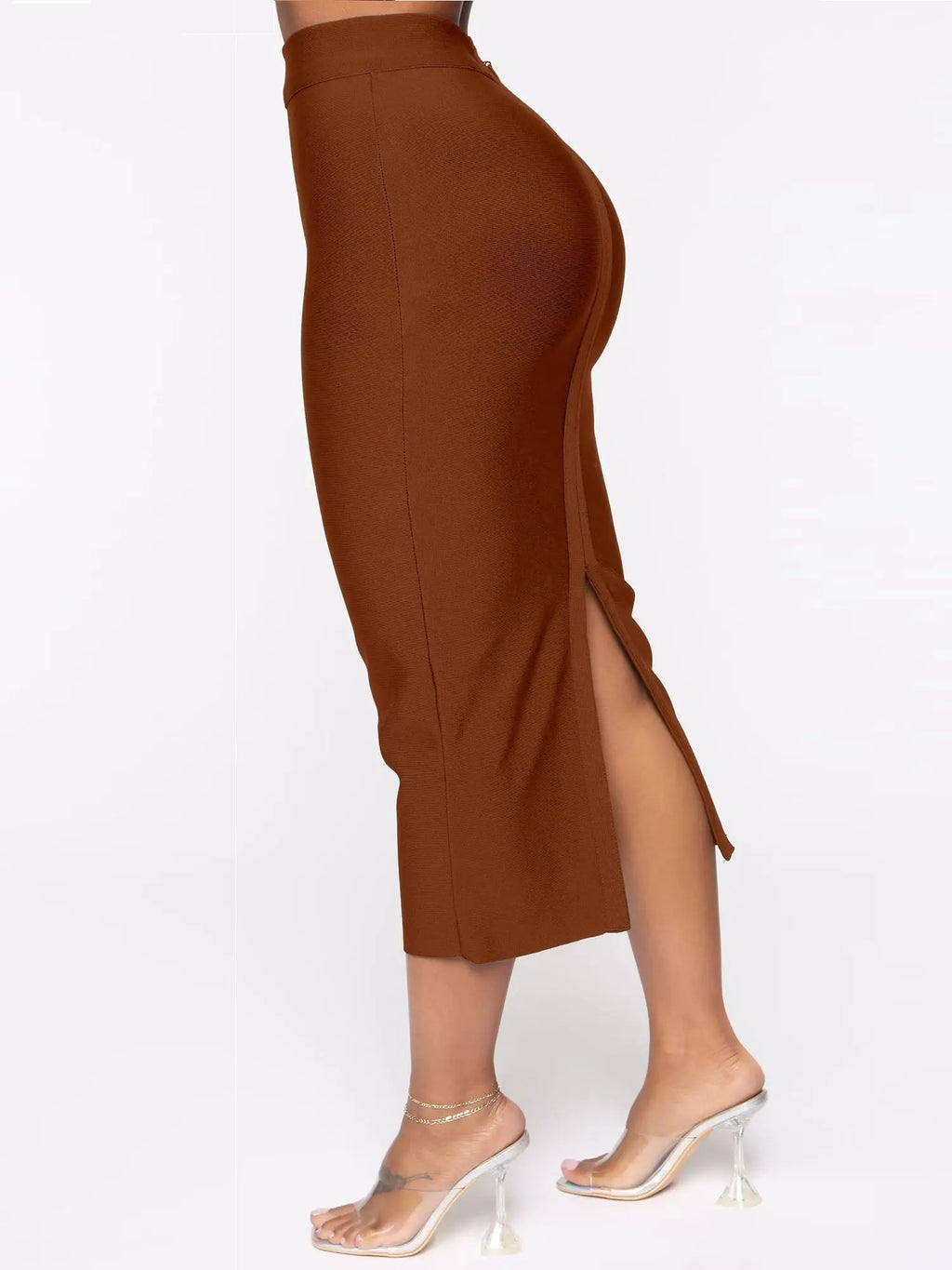 Sexy Open Fork Split Brown Bandage Skirts Long Midi Tight Pencil Bodycon XL Skirts High Waist Quality Office Lady Skirts