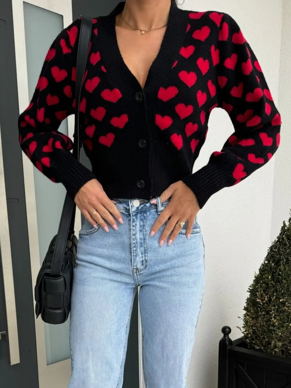 Heart V-Neck Cropped Cardigan