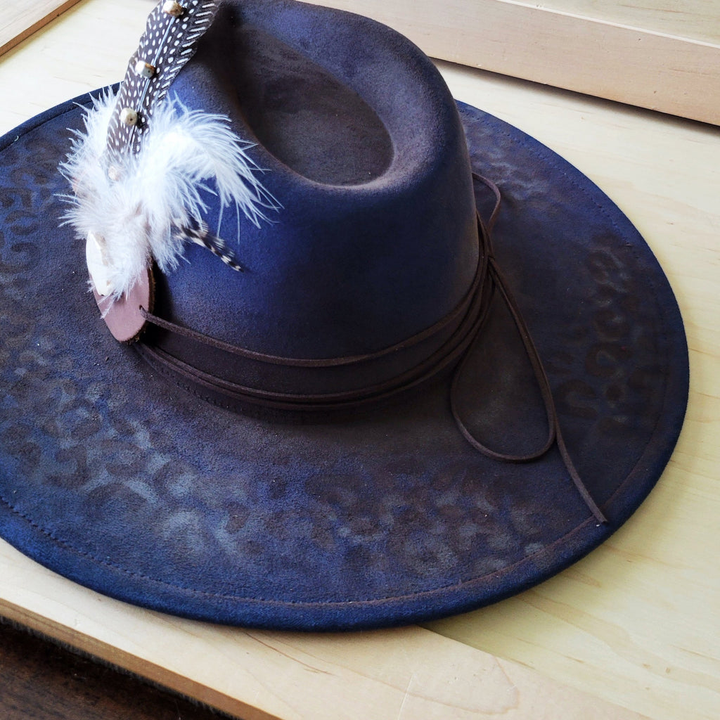 Hand-Painted Leopard Boho Western Cowgirl Hat & Band-Navy 987L