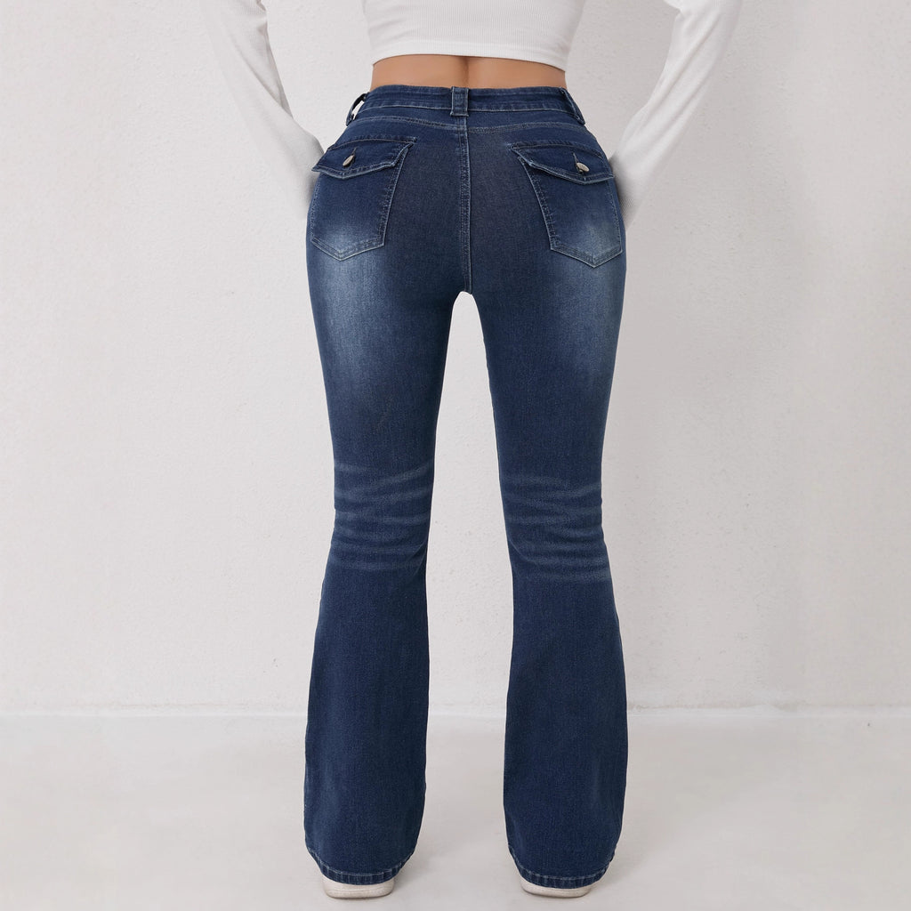 High-waisted elastic retro blue flared jeans women's jeans