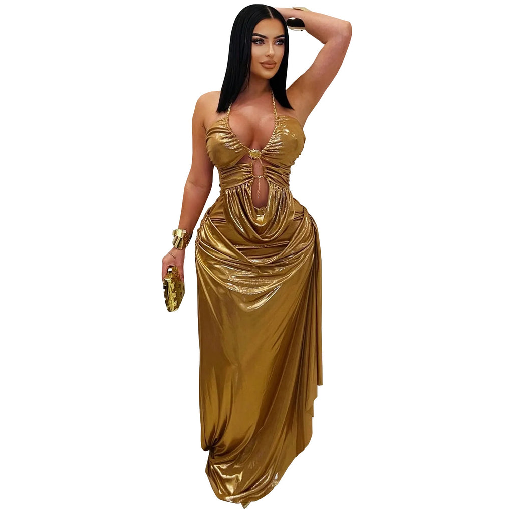 Fashionable Women's Sexy Halter Neck Gold Chain Pleated Sleeveless Dress