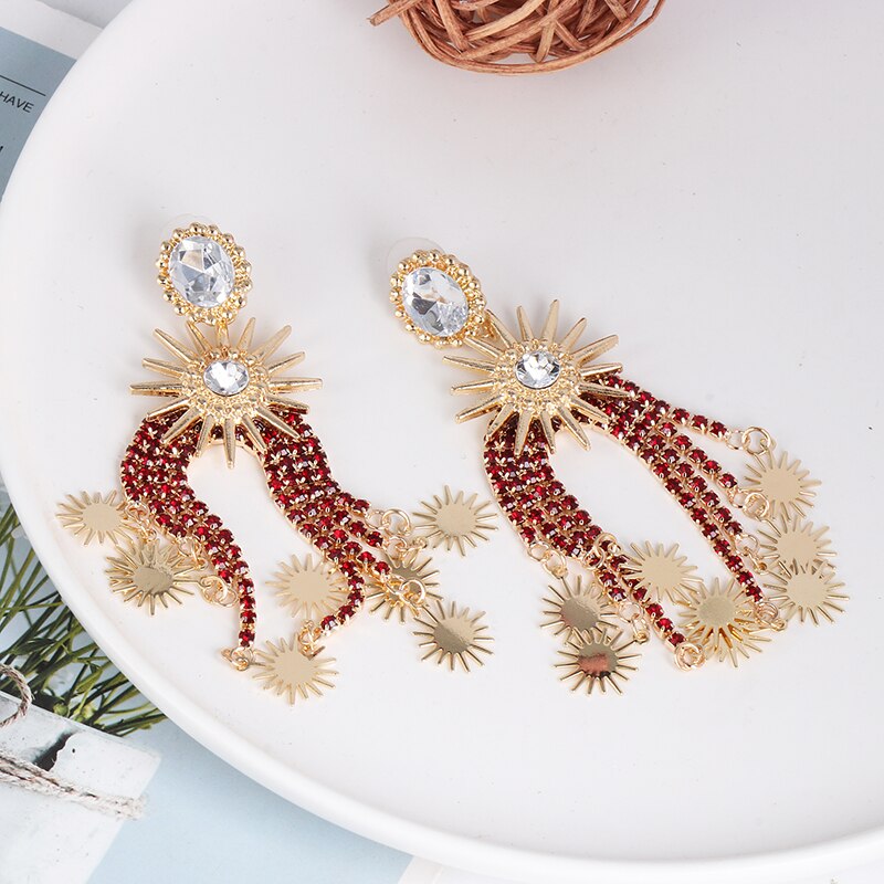 Vintage Ethnic Big Crystal Earring Long Drop Tassel Earrings For Women Wedding Statement Fashion Jewelry Female