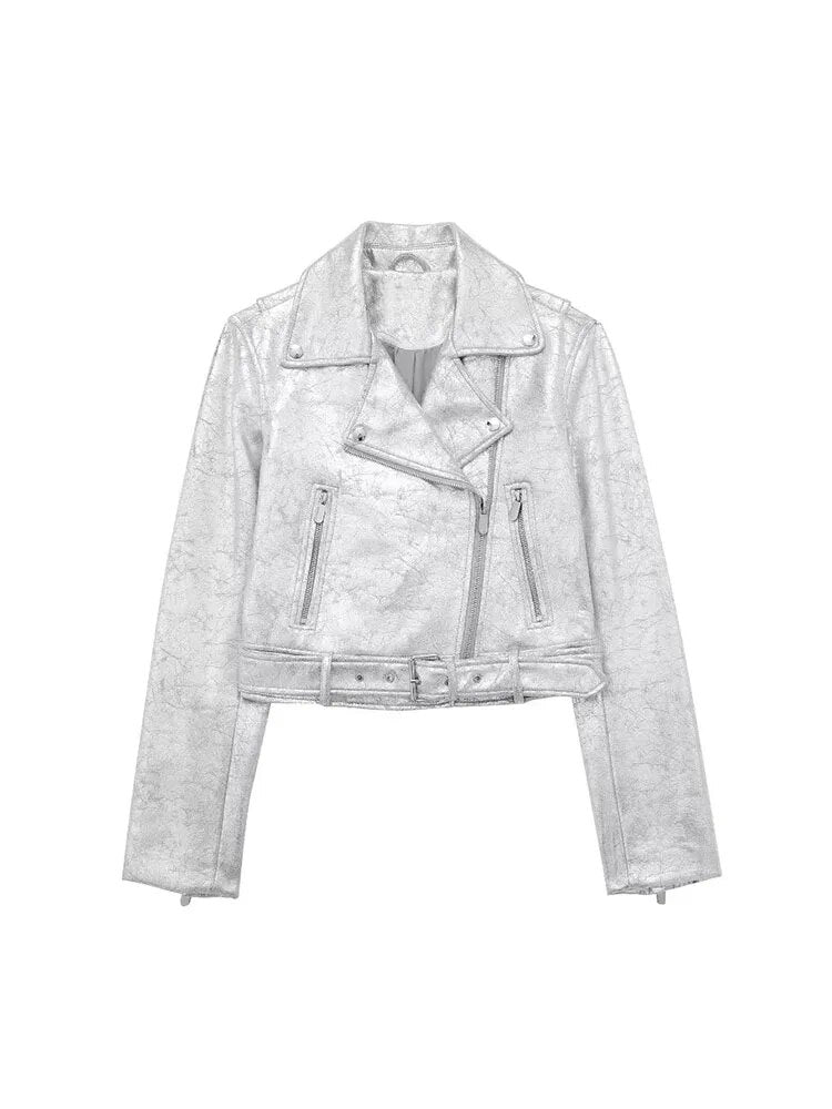 Silver Cropped Faux Leather Bomber Jacket
