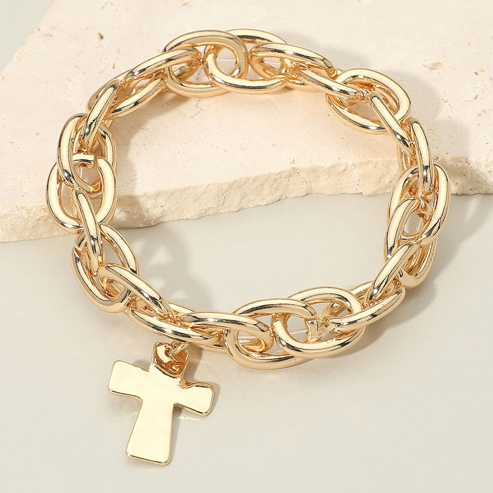 Women's Metal Cross Charm Chunky Chain Link Stretch Bracelet