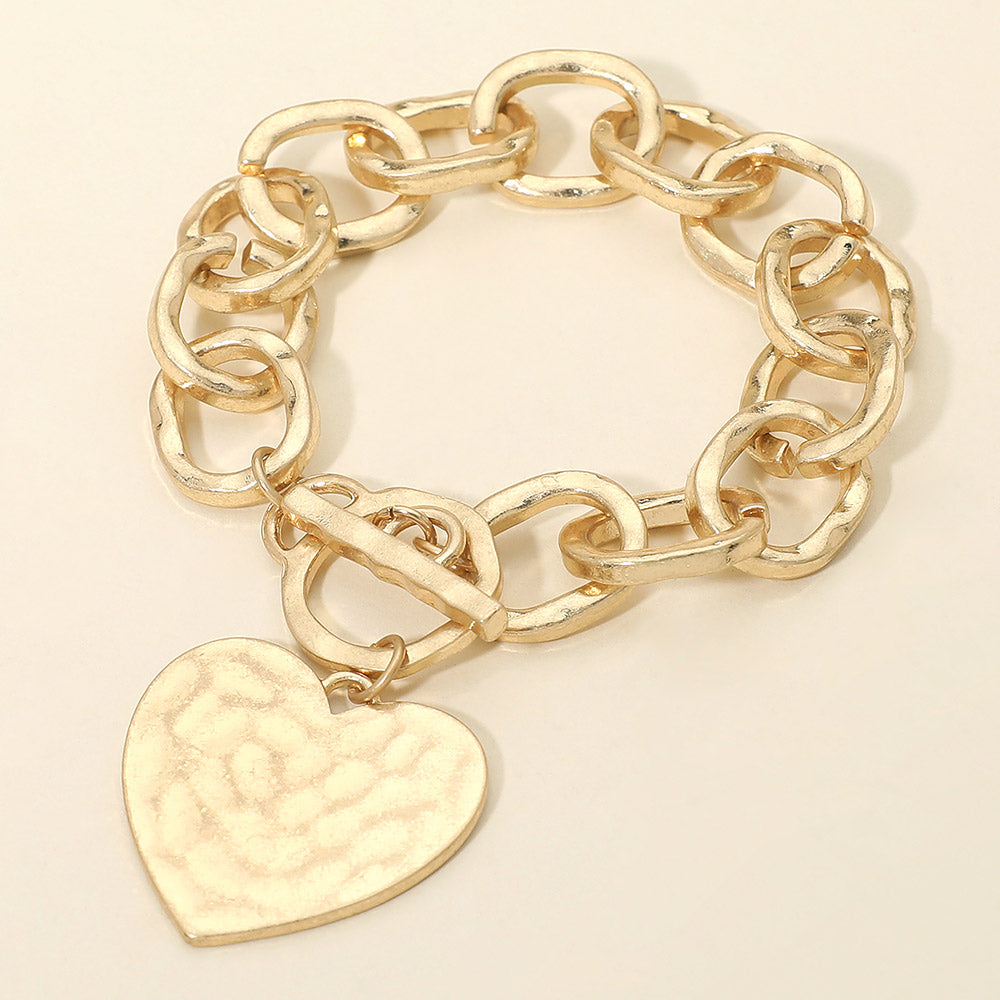 Hammered Metal Heart Charm Chunky Chain Toggle Bracelet