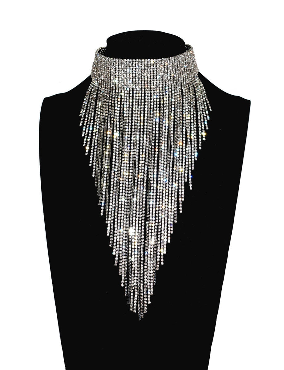 Rhinestone Tassel Statement Necklace