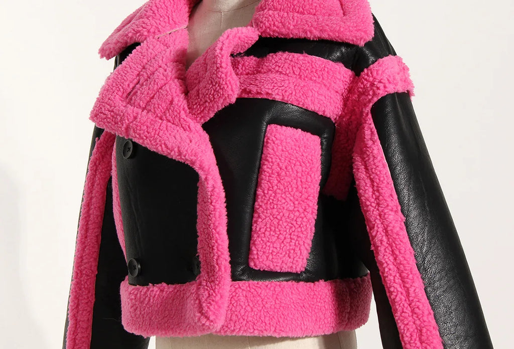 Women Fake Fur Coat Autumn Winter Color Matching Motorcycle One Piece Jacket Fashion All Matching Ladies Warm Tops New