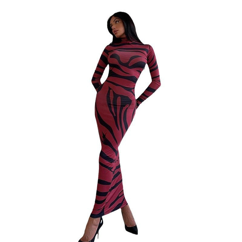 Leopard Print Long Sleeve Semi-High Neck Fitted Bodycon Dress