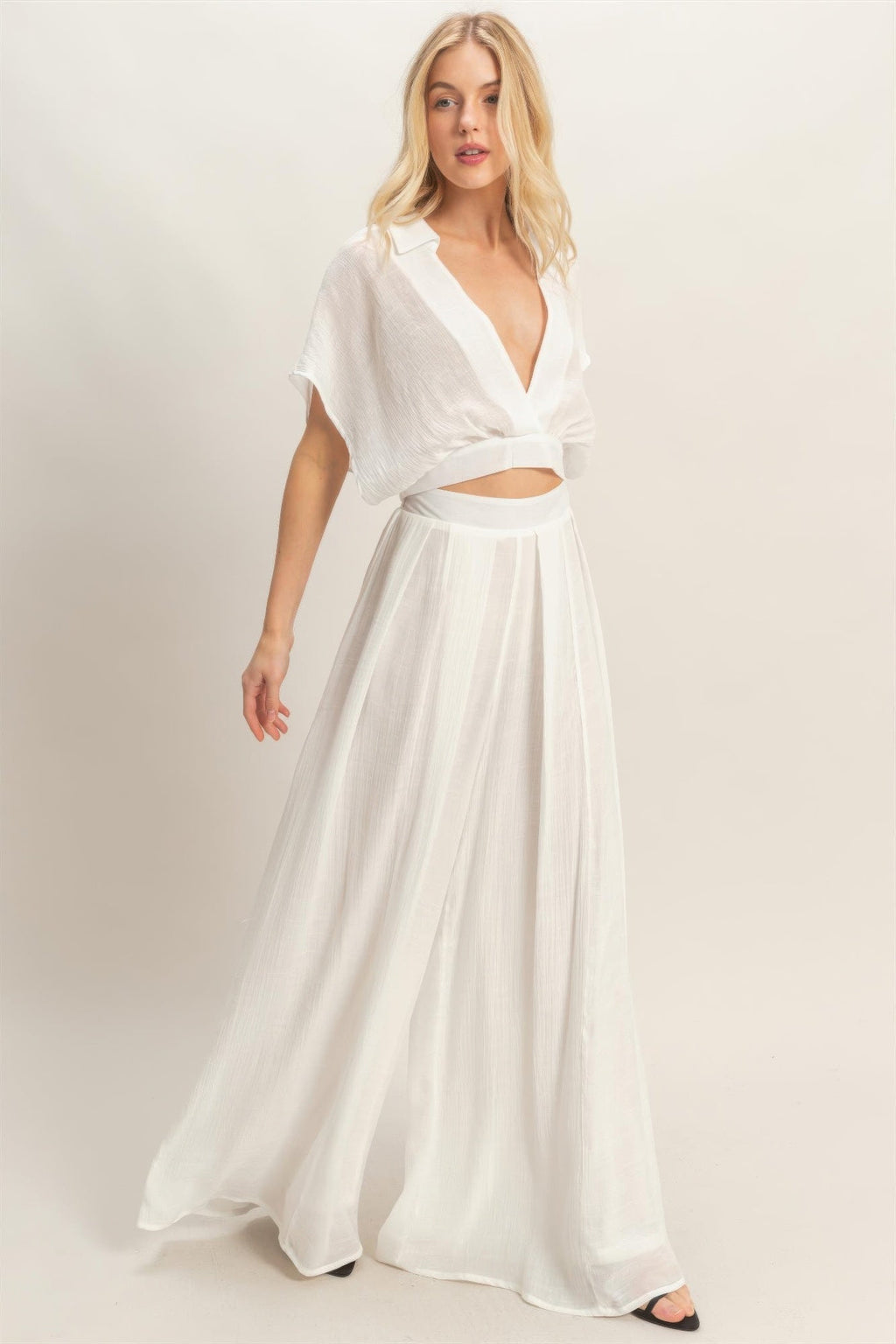 Collared Wrap Top & Wide-leg Pants Set