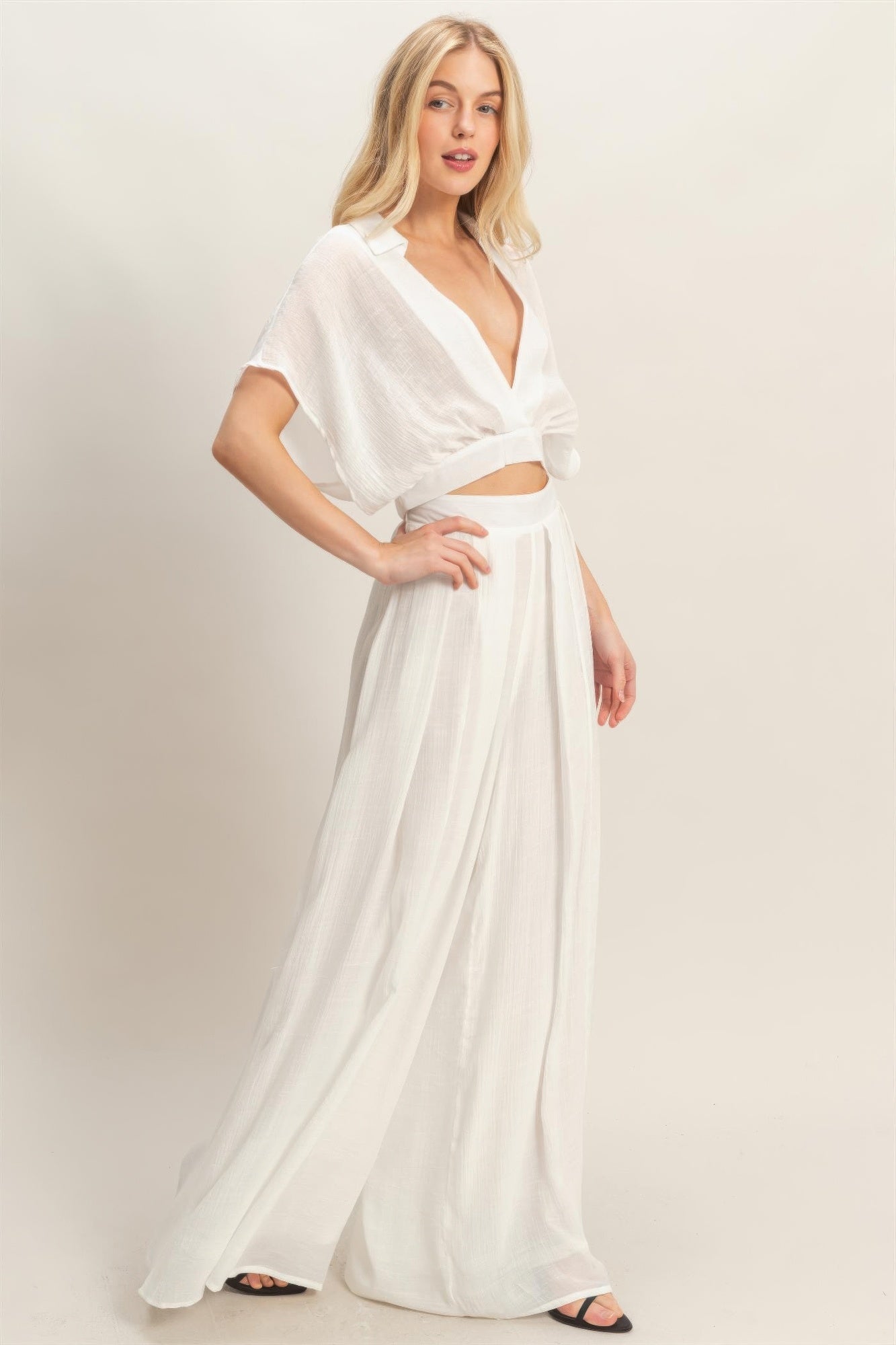 Collared Wrap Top & Wide-leg Pants Set