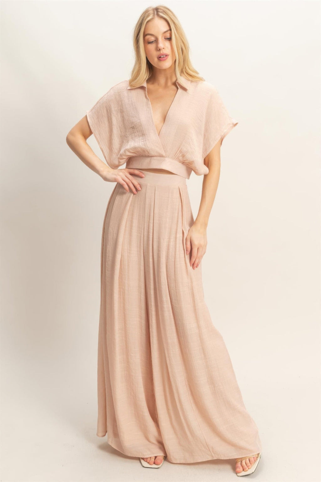 Collared Wrap Top & Wide-leg Pants Set