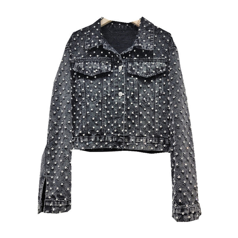 Women's Denim Coat Diamonds Black Washed Single Breasted Long Sleeve Distressed Jackets Autumn New Fashion