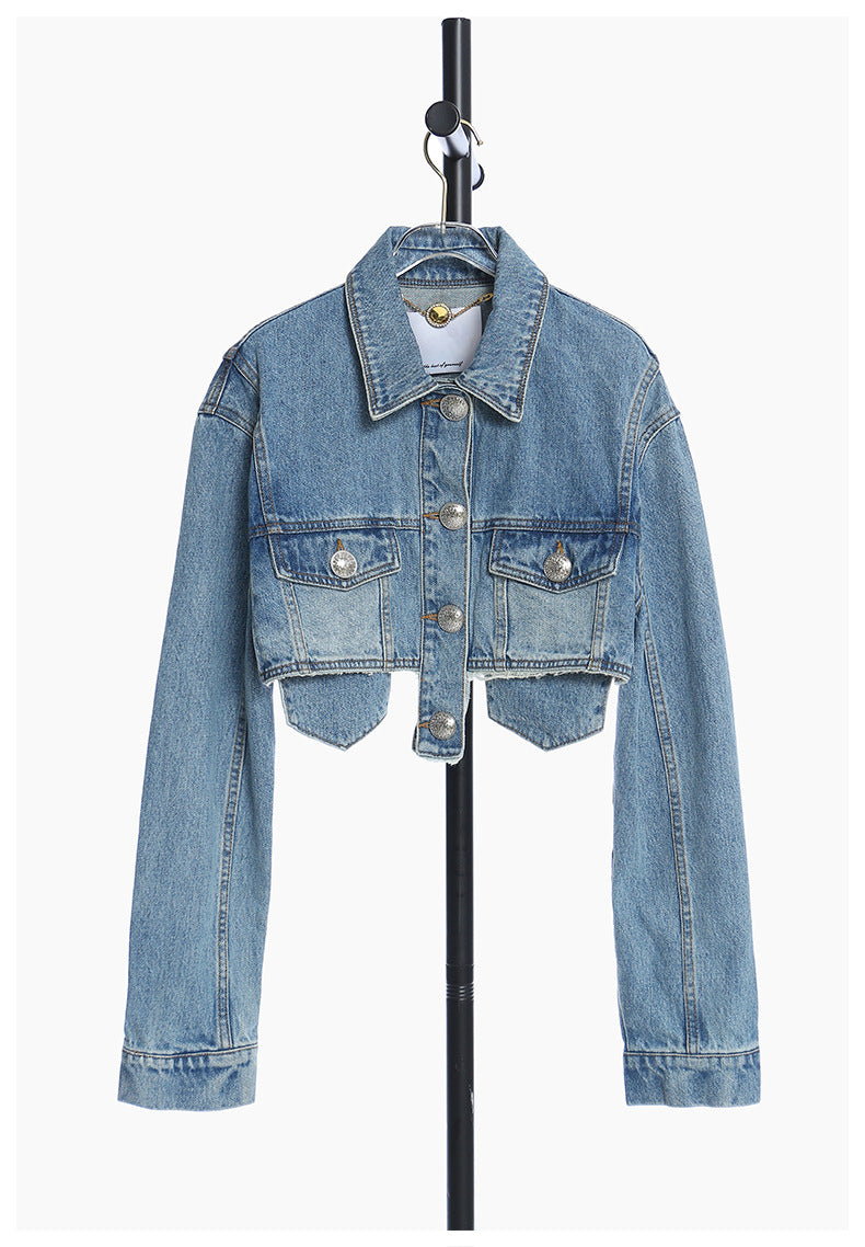 Deep Fried Street Pocket Bright Pink Short Tassel Denim Coat Motorcycle Jacket