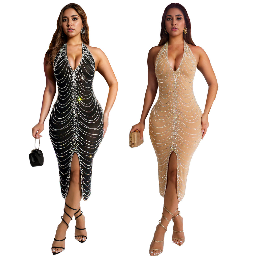 Fashion Women's Rhinestone Embellished Fitted Sexy Bodycon Long Dress