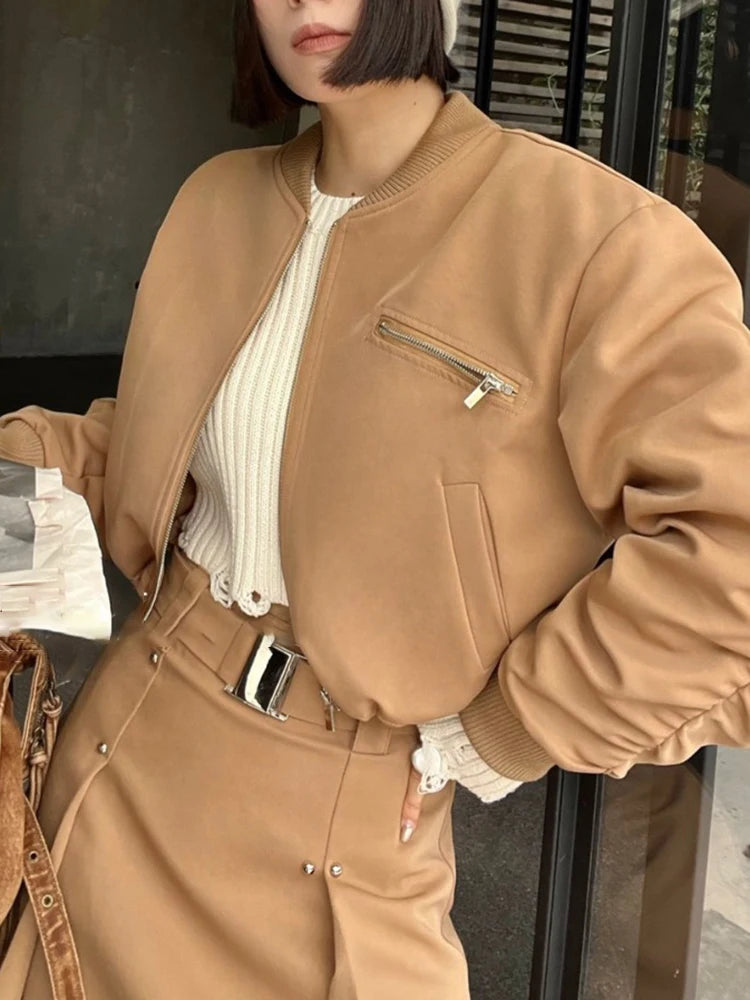 Fashion Women's Jackets Stand Collar Long Sleeves Zipper Shoulder Pad Short Slim Folds Coat Winter