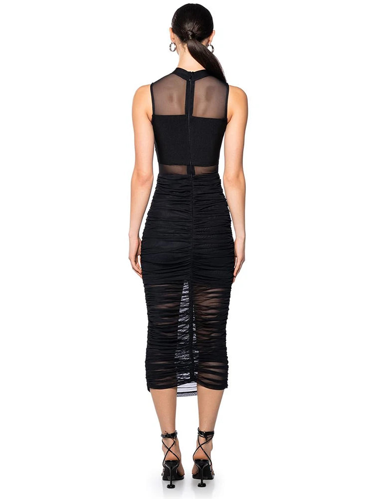 Celebrity Party Dresses For Women Sexy See Through Mesh Patchwork Bodycon Black Bandage Draped Stretch Dress