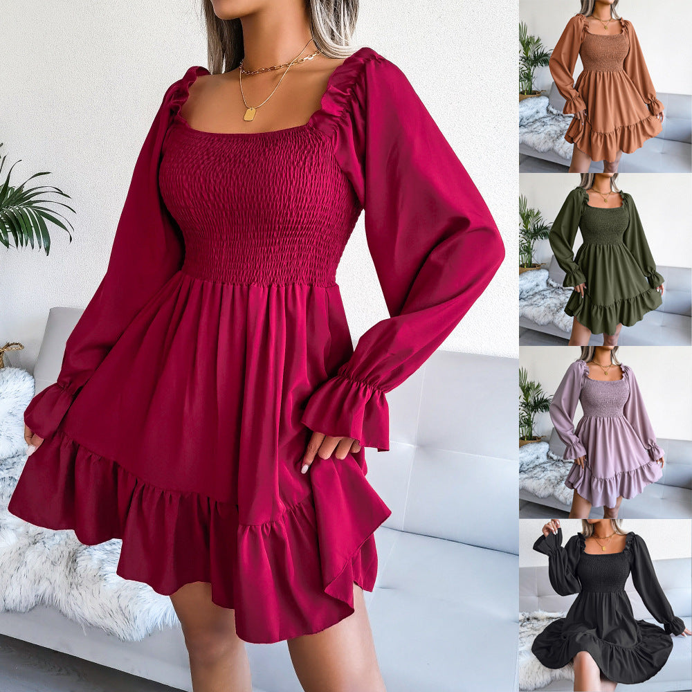 Square-Neck Ruffle Midi Dress