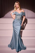 Ladivine CD798 Fitted Satin & Lace Gown With Off The Shoulder Accessory