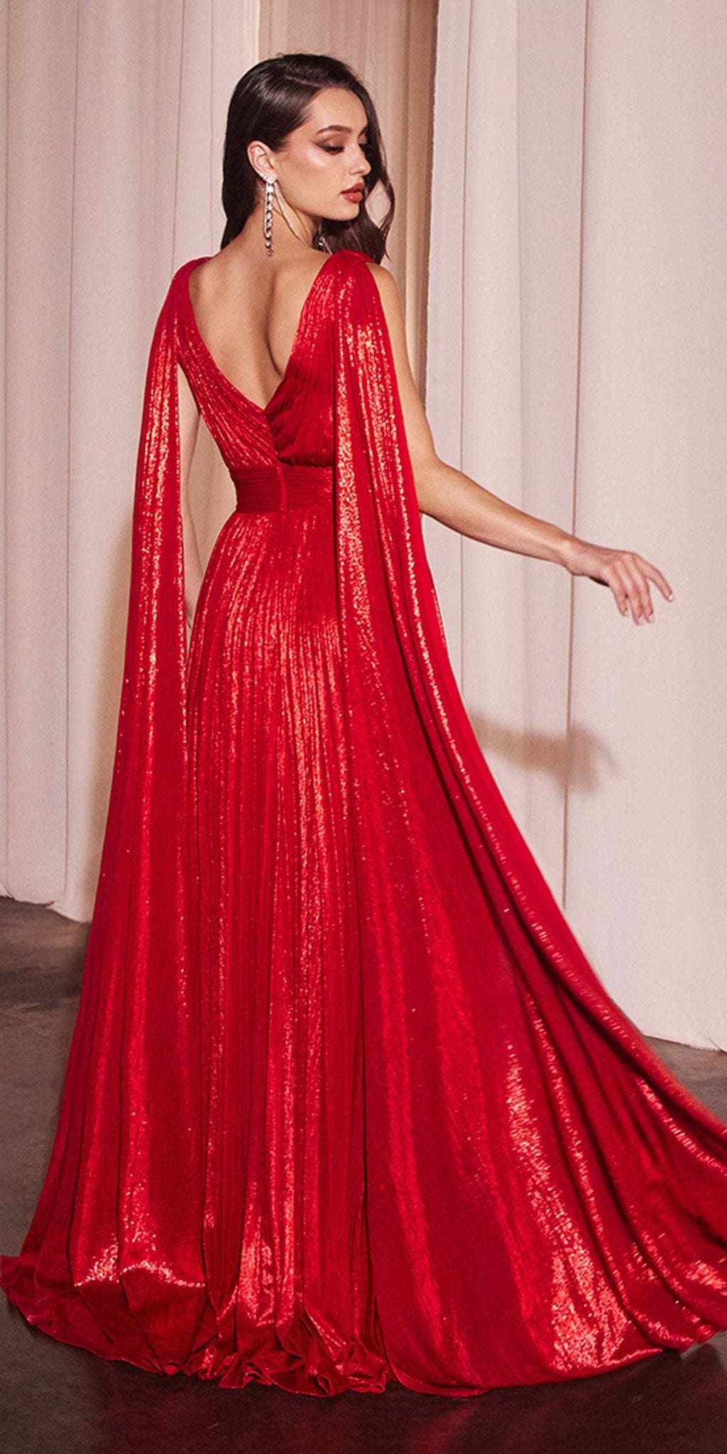 Ladivine CD802 Metallic Pleated A-Line Gown Cape Sash