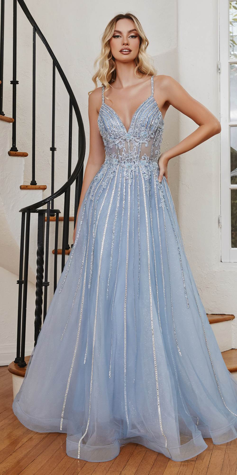 Cinderella Divine CD994 Long A-Line Beaded Tulle Gown Lace Detail V-Neck