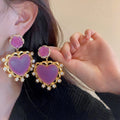 Purple Rhinestone Heart Statement Earrings
