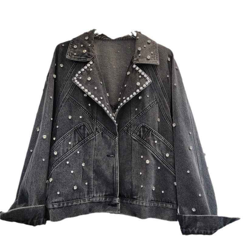 bead studded diamond retro motorcycle denim jacket women's jacket