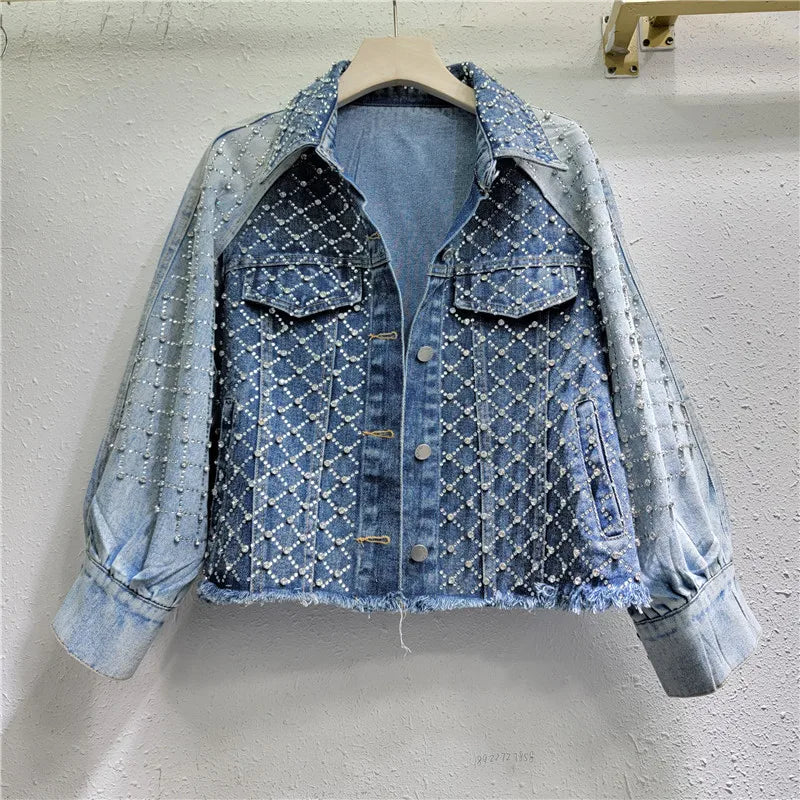 Women Hot Drilling Diamond Beads Retro Washed Denim Jacket Contrast Color Patchwork Rhinestone Jeans Coat Fake Two Piece Outwear