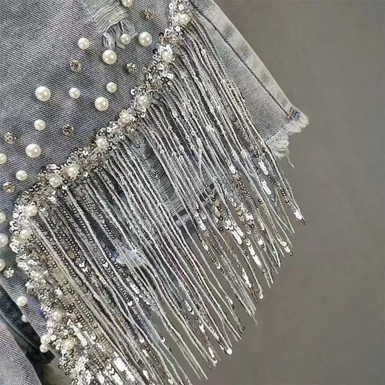 Heavy embellished rhinestone denim shorts for women, American style high-waisted slimming beaded fringe distressed jeans