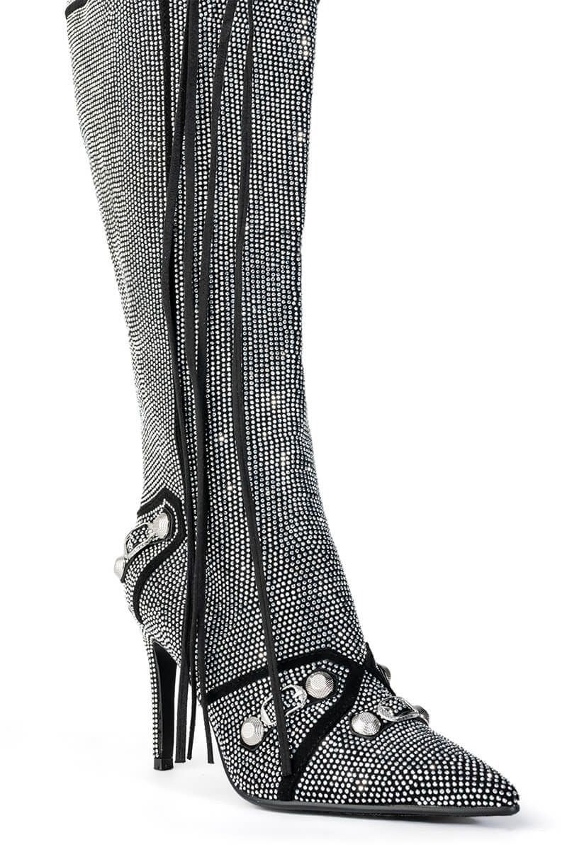 Woman Bling Crystal Knee-high Boots Sexy Pointed Toe Stiletto Tassel Boots