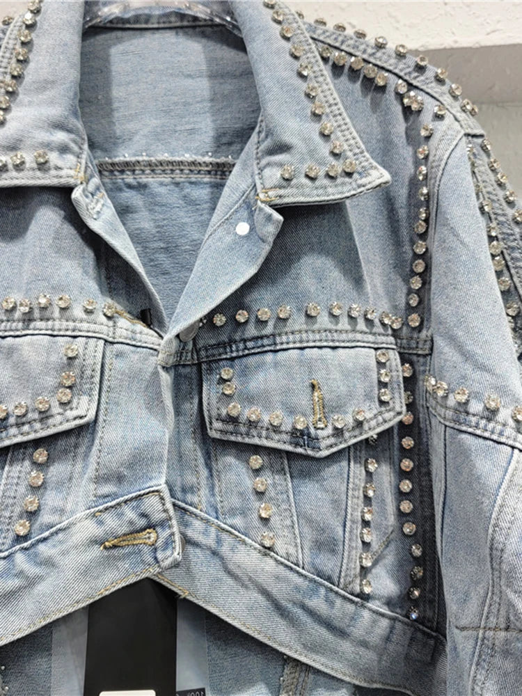 Women's Denim Jackets Long Sleeve Irregular Diamonds Single Breasted Loose Washed Coats  Autumn New Fashion