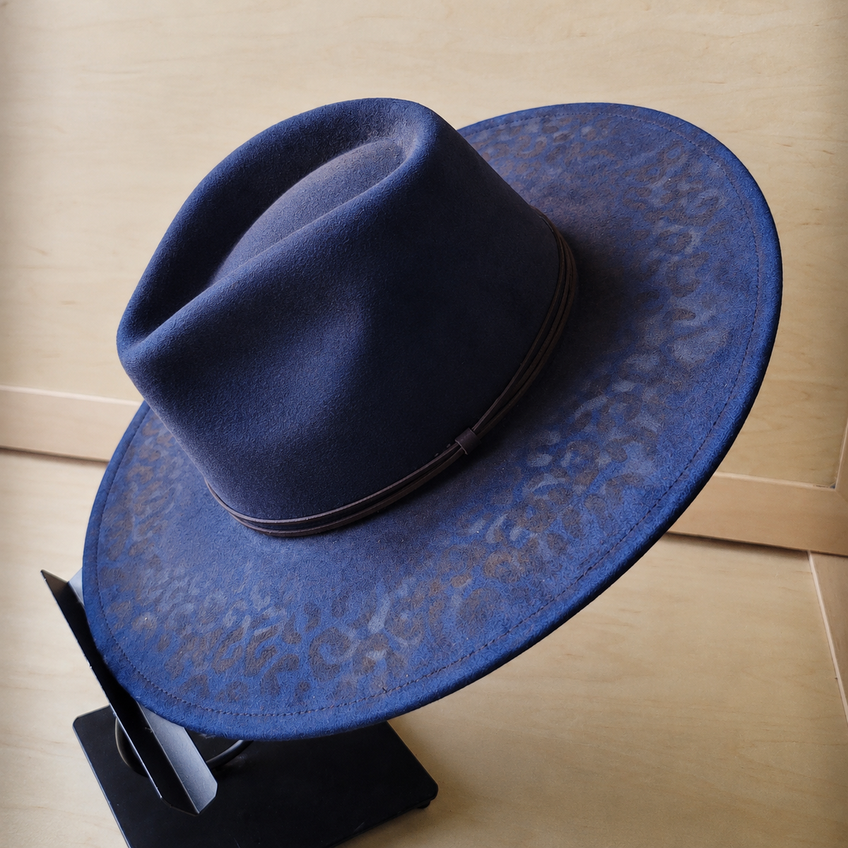Hand-Painted Leopard Boho Western Cowgirl Hat & Band-Navy 987L
