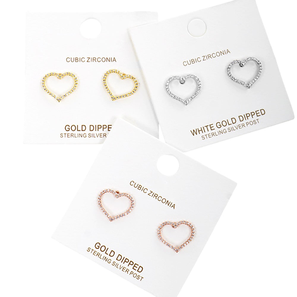 Gold Dipped CZ Stone Paved Open Heart Stud Earrings