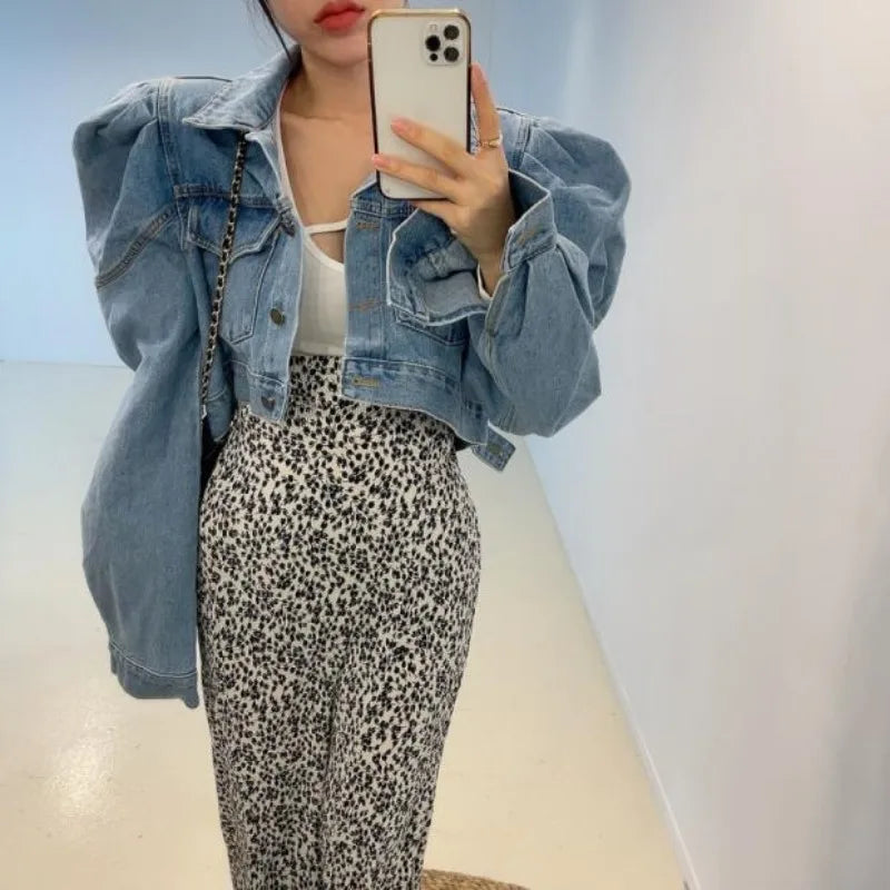 Spring Cardigan Lapel Bubble Sleeve Long Sleeved Single Breasted High Waist Short Denim Coat Women Retro Jean Jacket Shirts