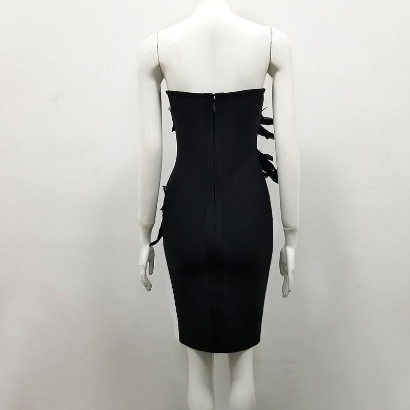 Feather Trim Strapless Bandage Dress