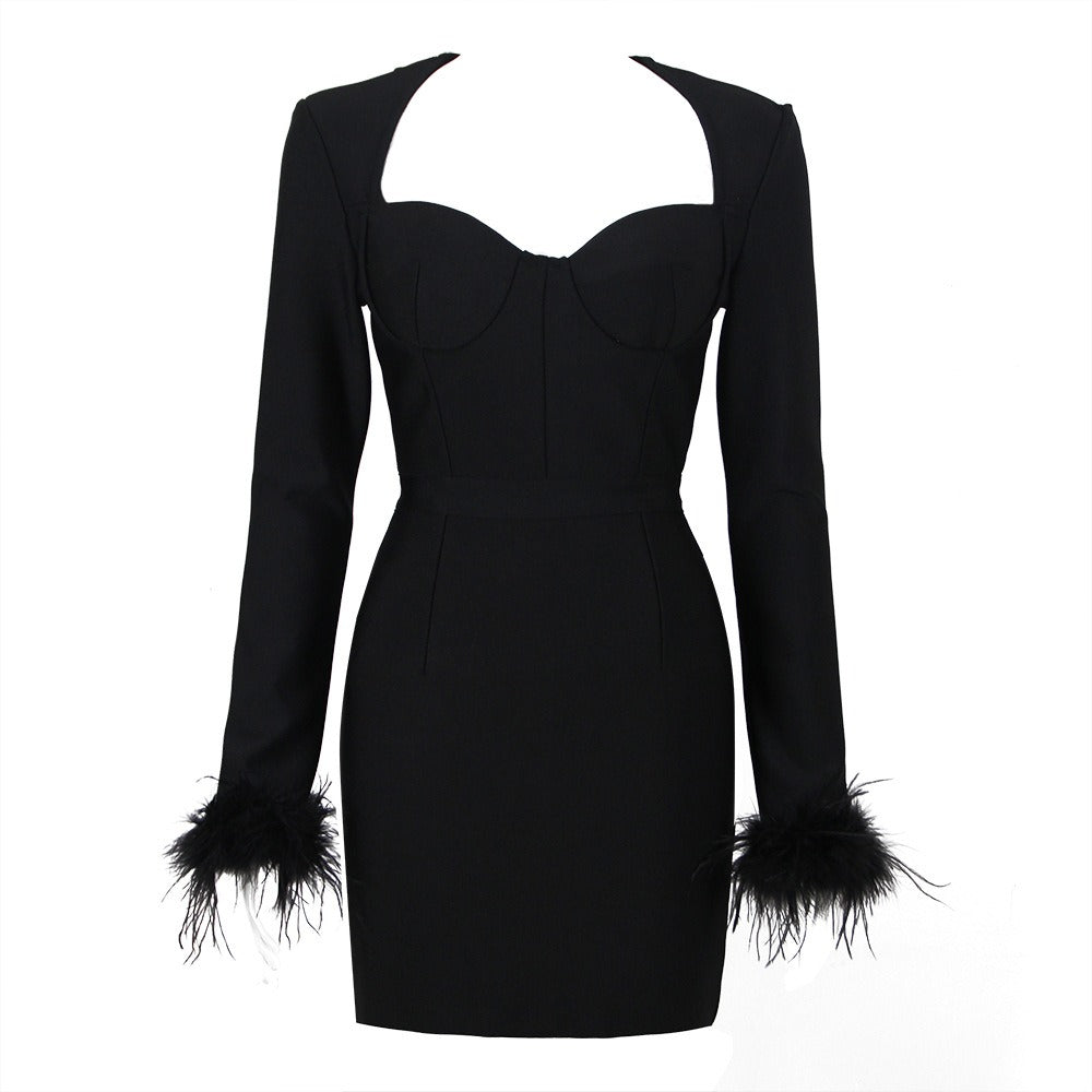 Women's Dress Spring New Style Bandage Dress Elegant Square Collar Feather Long Sleeve Celebrity Dress