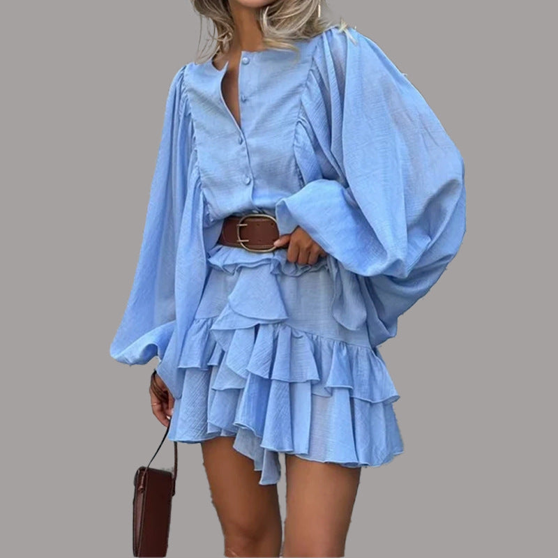 Simple Casual Style Solid Color Layered Ruffle Lantern Sleeve Dress for Women