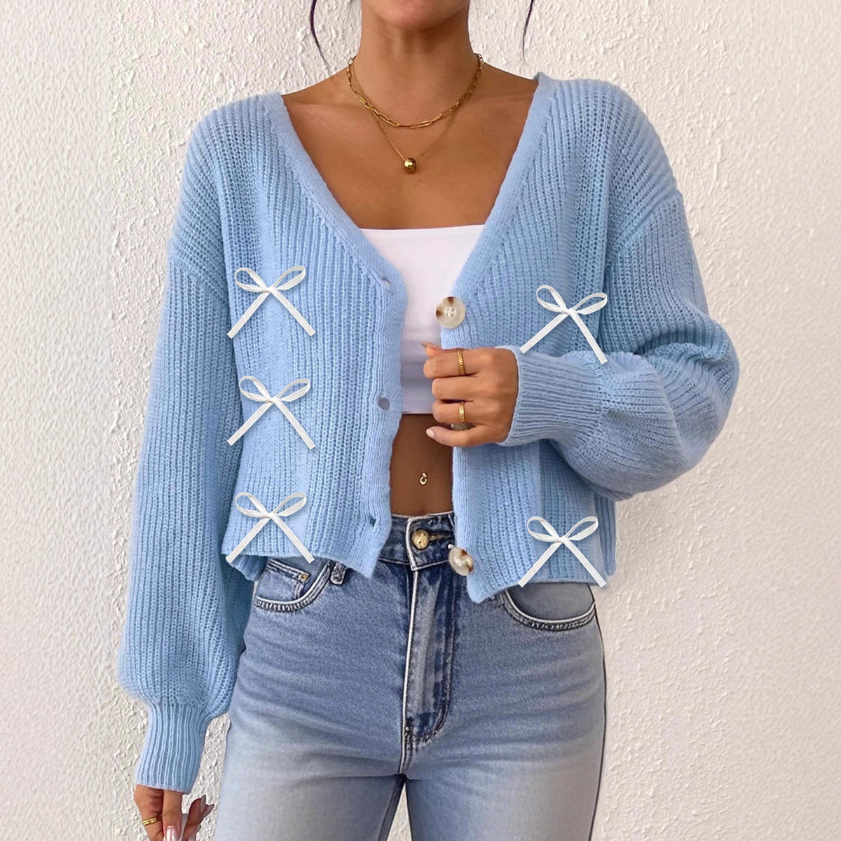 Bow Detail Cropped V-Neck Cardigan