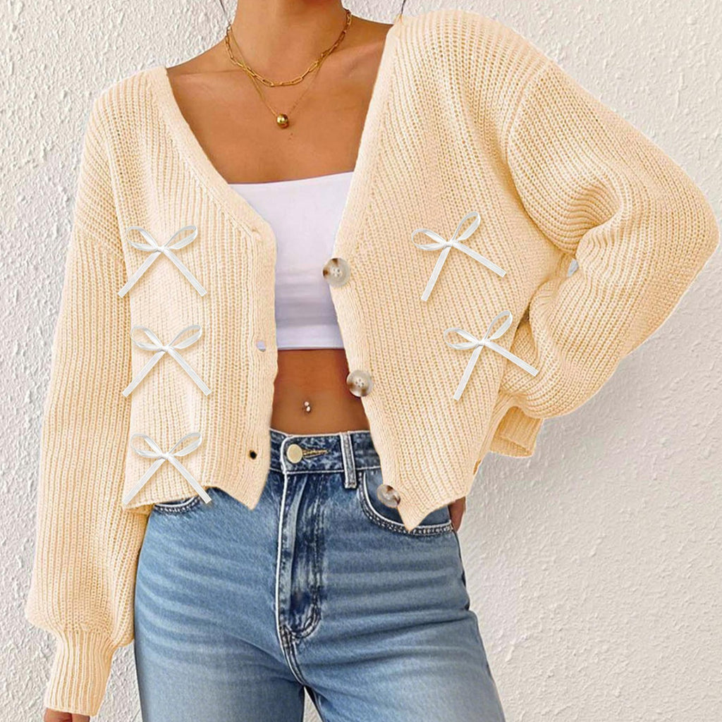Bow Detail Cropped V-Neck Cardigan