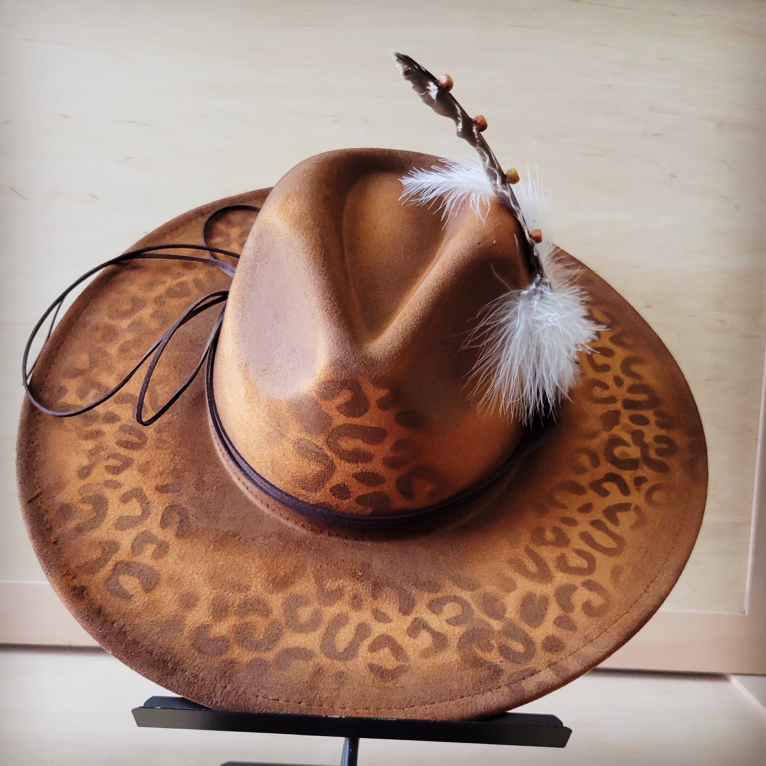 Hand-Painted Leopard Boho Western Cowgirl Hat & Band-Tan 987m