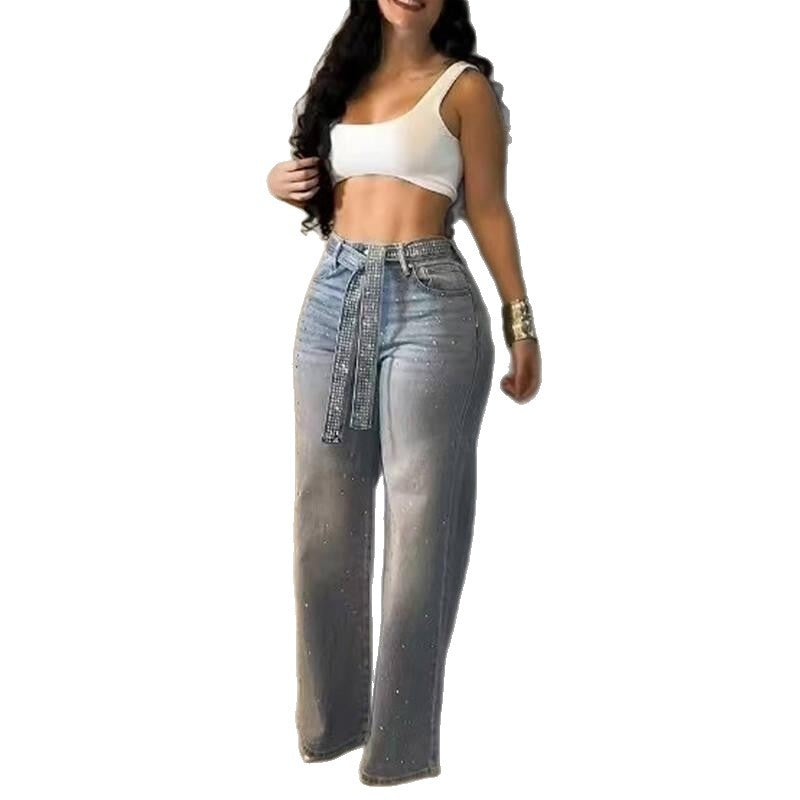 Rhinestone Embellished Jeans with Crystal Belt, High-Waisted Wide Leg Loose Straight Fit Dragging Pants