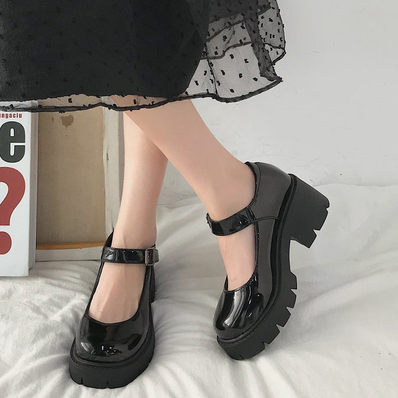 Rimocy Black Patent Platform Mary Jane Heels