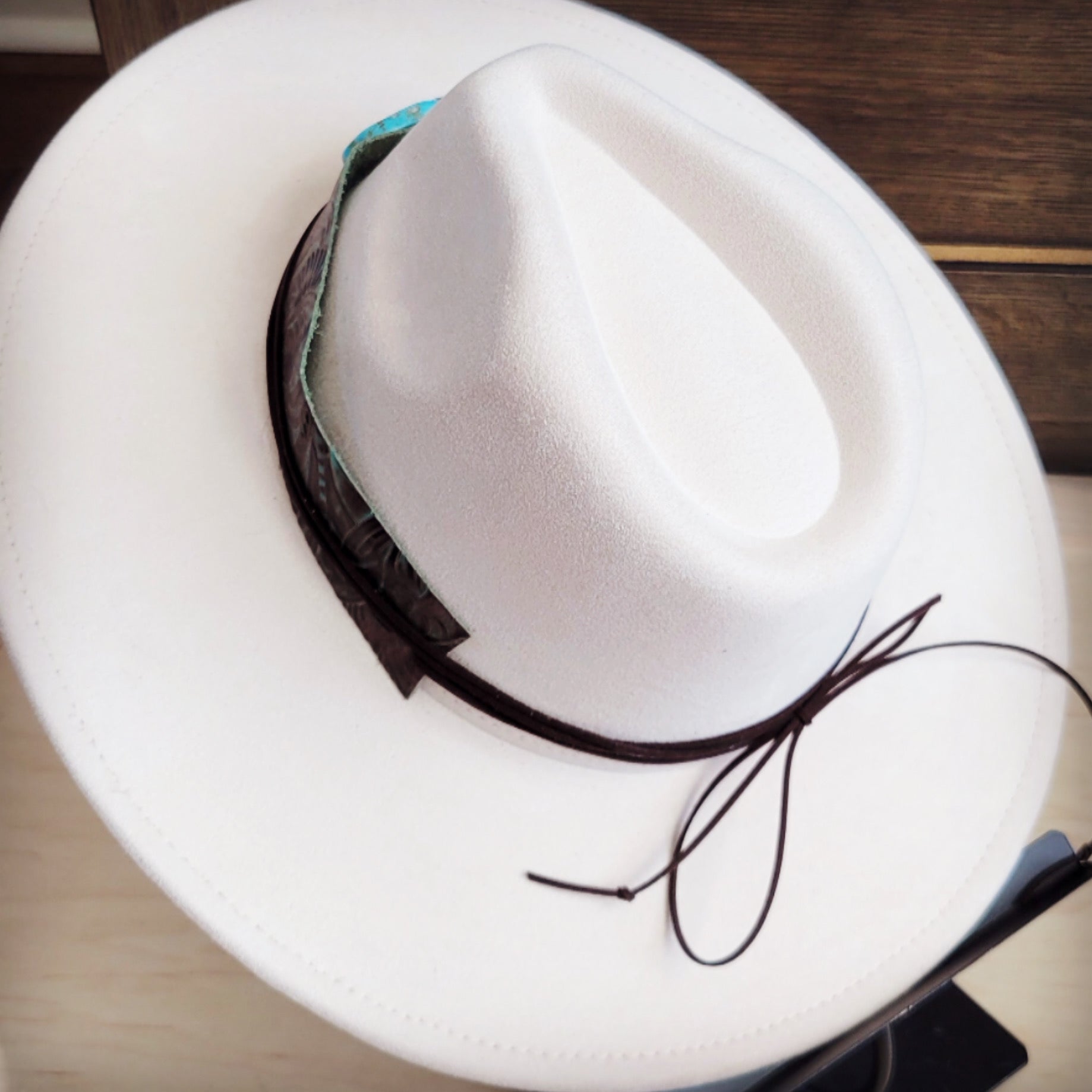 Wide Genuine Leather Brown Floral Hat Band w/ Turq 953q