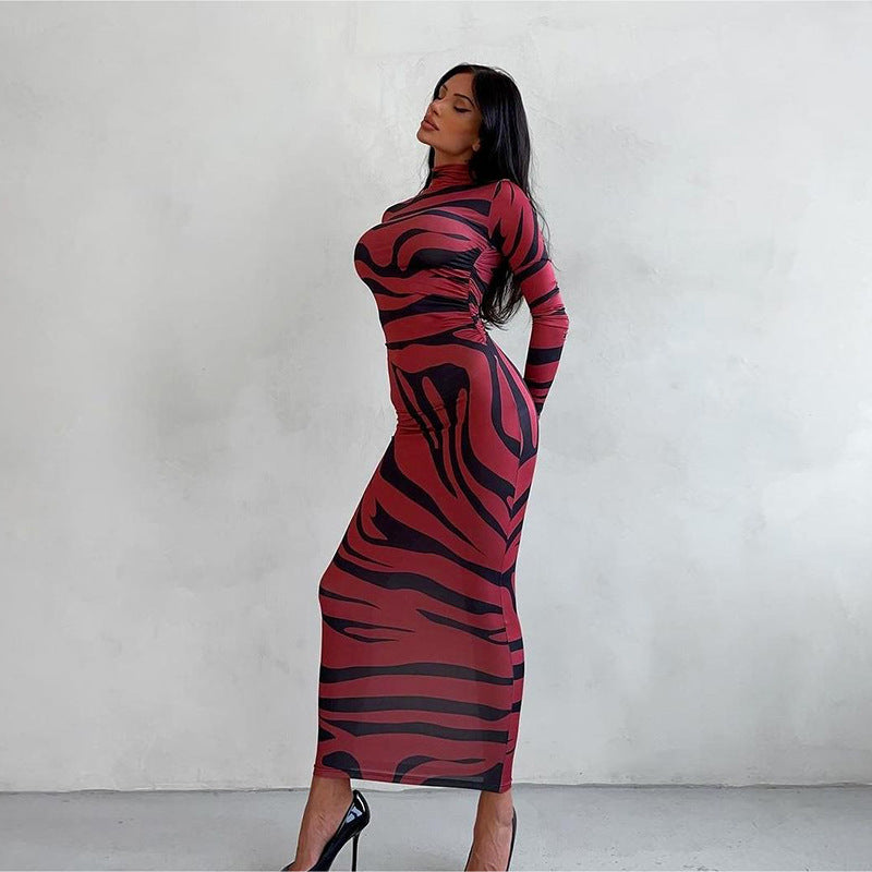 Leopard Print Long Sleeve Semi-High Neck Fitted Bodycon Dress