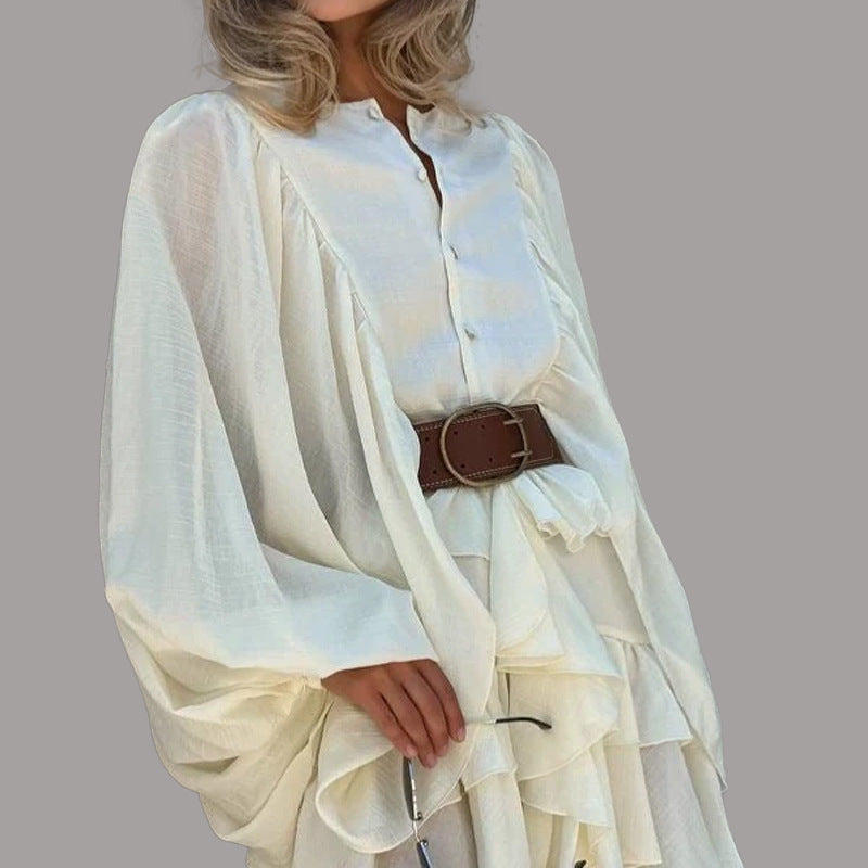 Simple Casual Style Solid Color Layered Ruffle Lantern Sleeve Dress for Women