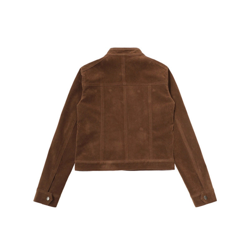 Suede Stand Collar Moto Jacket for Women Slim Fit Shoulder Short Coat