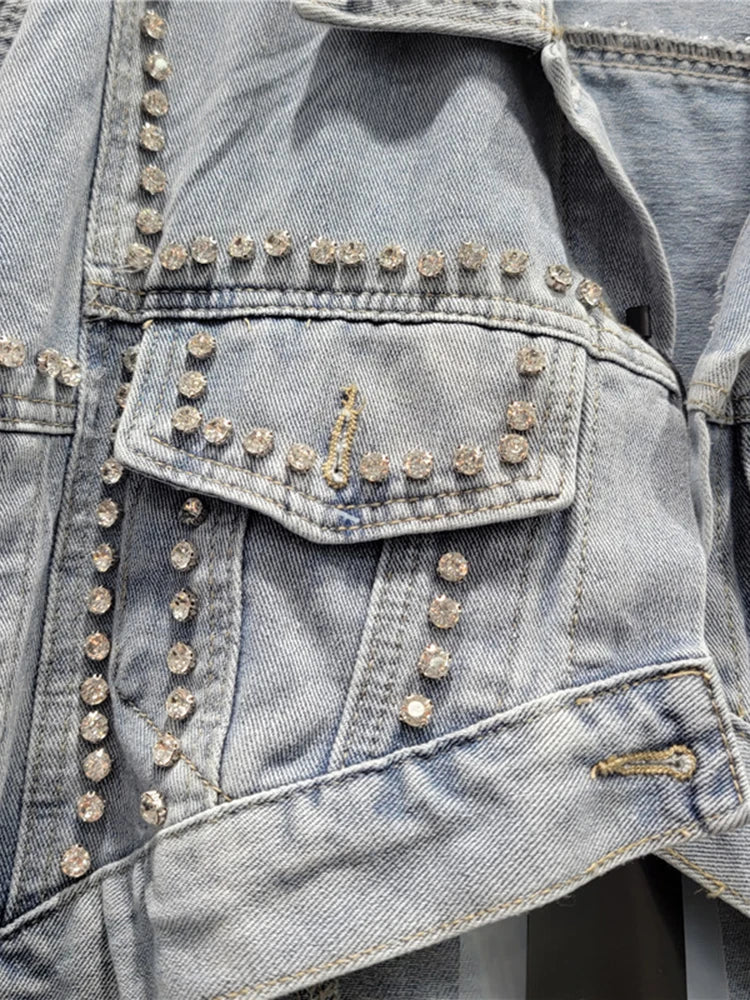 Women's Denim Jackets Long Sleeve Irregular Diamonds Single Breasted Loose Washed Coats  Autumn New Fashion