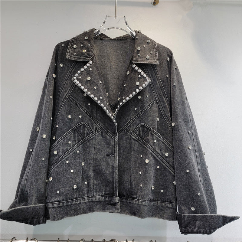bead studded diamond retro motorcycle denim jacket women's jacket