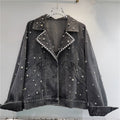 bead studded diamond retro motorcycle denim jacket women's jacket
